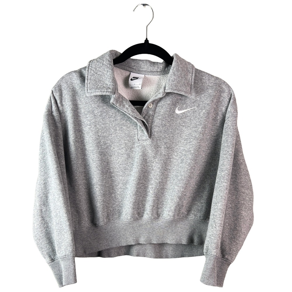 Nike Women's Cropped Polo Sweatshirt Small Grey Athletic Streetwear